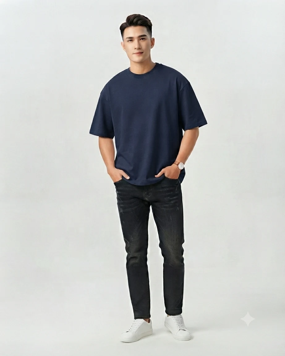 Plain Drop Shoulder Oversized Tee – Navy